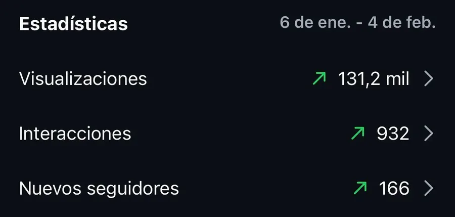 Print de estatísticas: 131,2 mil visualizações, 932 interações e 166 novos seguidores em um mês